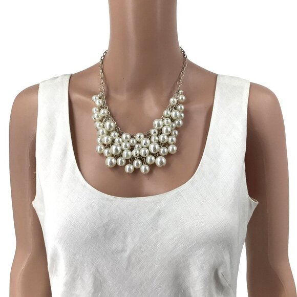 NY Collection Statement Necklace White Faux Pearl Beaded Bib Silver Tone Chain - Picture 2 of 2